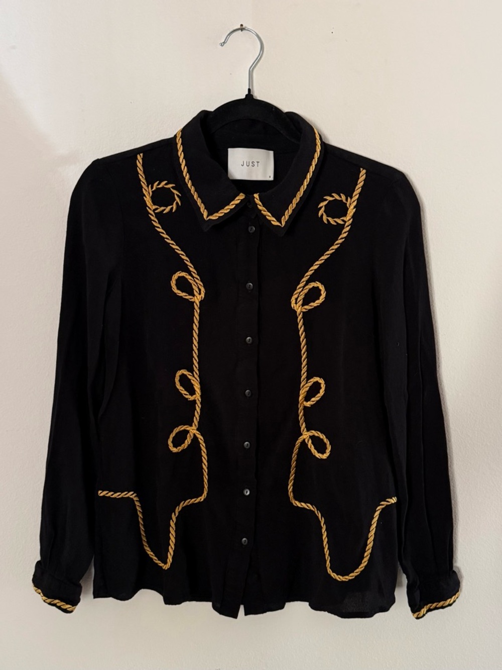 Just Female Black Blouse Gold Rope Embroidery Button Front Size S